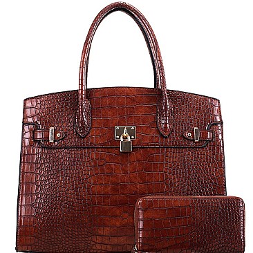 Crocodile Pattern Padlock Accent Oversized Tote Wallet SET