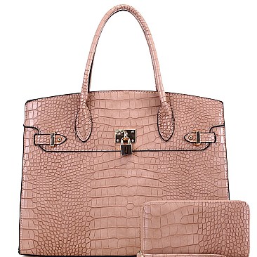 Crocodile Pattern Padlock Accent Oversized Tote Wallet SET