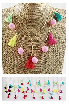 PACK OF 12 TRENDY ASSORTED COLOR MULTI TONE TASSEL NECKLACE