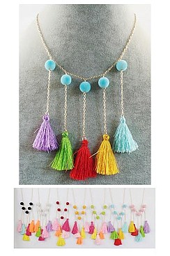 PACK OF 12 ATTRACTIVE ASSORTED COLOR MULTI TONE TASSEL NECKLACE