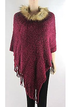 Elegant Faux Fur Collar Fringe Poncho FM-MSF2461