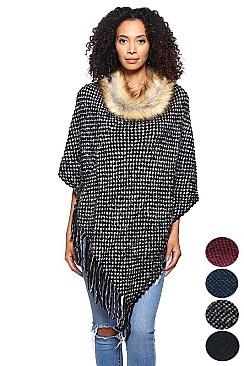 Elegant Faux Fur Collar Fringe Poncho FM-MSF2461