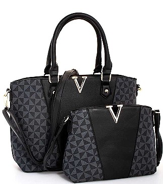 2 IN 1 STYLISH TWO TONE V-ACCENTED SATCHEL AND CROSSBODY SET