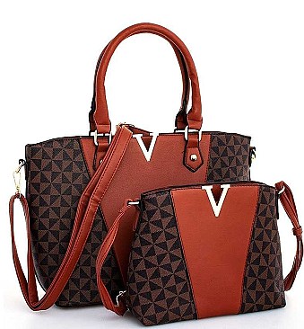 2 IN 1 STYLISH TWO TONE V-ACCENTED SATCHEL AND CROSSBODY SET