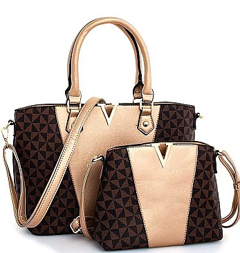 2 IN 1 STYLISH TWO TONE V-ACCENTED SATCHEL AND CROSSBODY SET