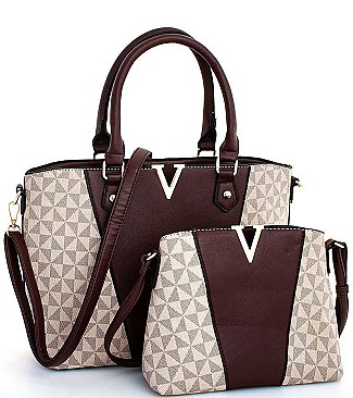 2 IN 1 STYLISH TWO TONE V-ACCENTED SATCHEL AND CROSSBODY SET