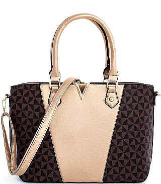 2 IN 1 STYLISH TWO TONE V-ACCENTED SATCHEL AND CROSSBODY SET