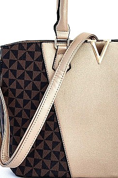 2 IN 1 STYLISH TWO TONE V-ACCENTED SATCHEL AND CROSSBODY SET