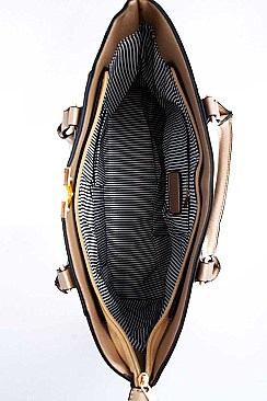 2 IN 1 STYLISH TWO TONE V-ACCENTED SATCHEL AND CROSSBODY SET