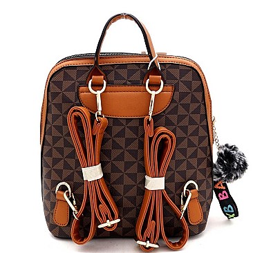 Monogram Pom Pom Accent Fashion Backpack Wallet SET