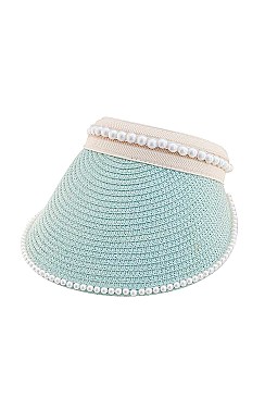 FASHION STRAW PEARL SUN VISOR HAT