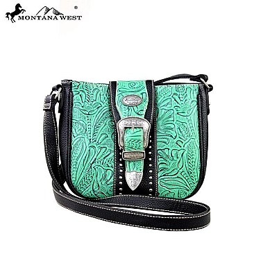 Belt-Buckle Style Floral Tooling Accent Messenger Bag