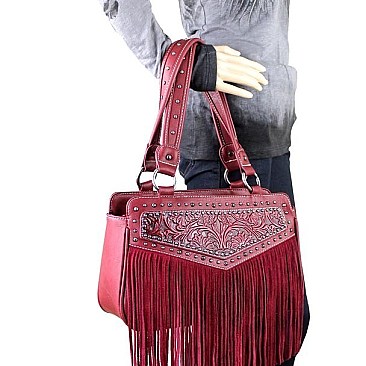 Western Floral Tooling and Silver Studs Fringe Satchel