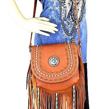 Fringed Flap Antique Silver and Turquoise Stones Messenger Bag