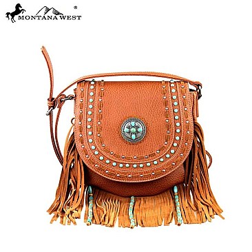 Fringed Flap Antique Silver and Turquoise Stones Messenger Bag
