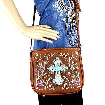 Floral and Turquoise Stone Embroidered Cross Style Messenger Bag