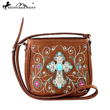 Floral and Turquoise Stone Embroidered Cross Style Messenger Bag