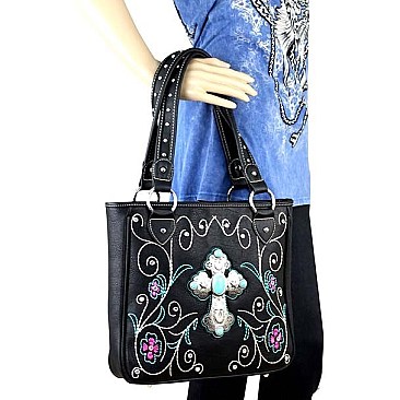 Turquoise Stone Medallion Cross Embroidered Tote Bag