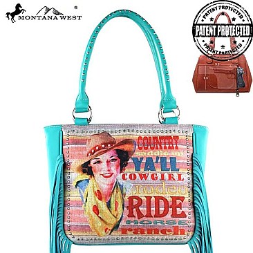 Vintage Cowgirl Print Stud Handle Drawstring Fringe Tote