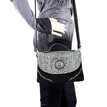 Floral Tooling Style Silver Studs Messenger Bag