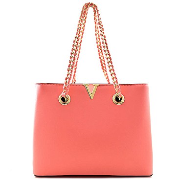 MY6172-LP V-Shaped Chain Strap Saffiano Tote