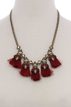 RHINESTONE TASSEL STATEMENT NECKLACE JYN-80007