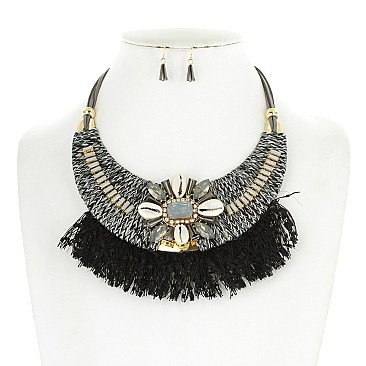 STYLISH SHELL ACCENT BIB NK SET W/ FRINGE SLN0145