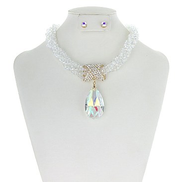 Beaded Necklace With Large Crystal Teardrop Set
