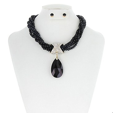 Beaded Necklace With Large Crystal Teardrop Set