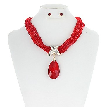 Beaded Necklace With Large Crystal Teardrop Set