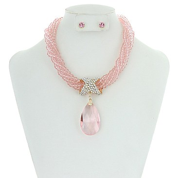Beaded Necklace With Large Crystal Teardrop Set