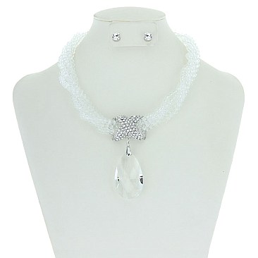 Beaded Necklace With Large Crystal Teardrop Set