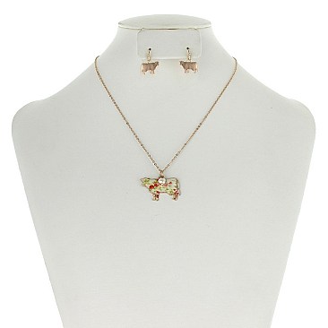 CHIC FLORAL COW PENDANT FASHION NECKLACE SET SLN0472