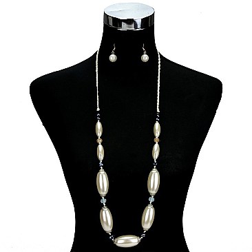 FASHIONABLE LONG BEADED OBLONG PEARL NECKLACE SET SLN0505