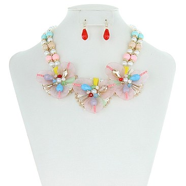 TRENDY 2 LINE BEADED FLOWER NECKLACE SET SLN0681
