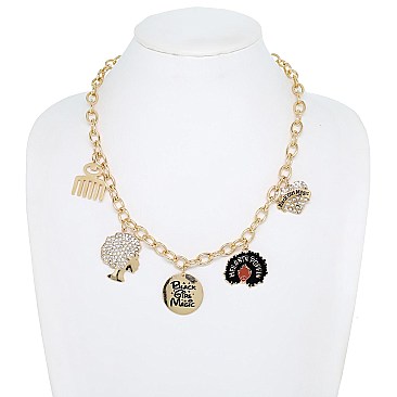 AFRO DIVA MULTI CHARM PENDANT METAL CHAIN NECKLACE