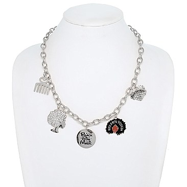 AFRO DIVA MULTI CHARM PENDANT METAL CHAIN NECKLACE