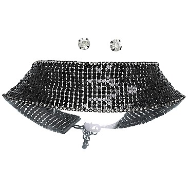 CRYSTAL STUDDED MESH CHOKER NECKLACE EARRING SET