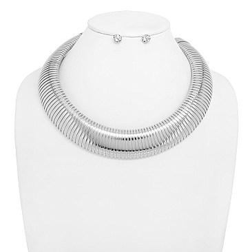 Thick Metal Choker Necklace CRYSTAL EARRING SET