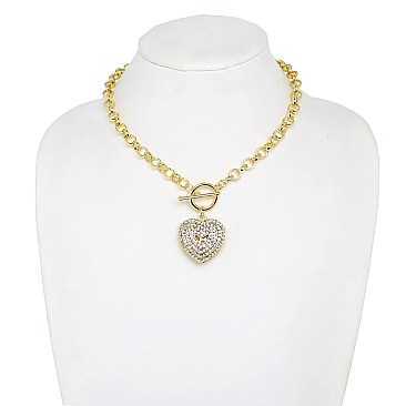 CRYSTAL  HEART CHARM TOGGLE CHAIN LINK NECKLACE