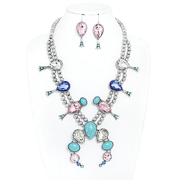 WESTERN CRYSTAL SQUASH BLOSSOM NECKLACE EARRING SET