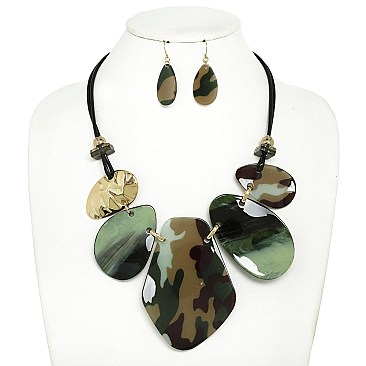 OVAL  ACETATE CORD BIB NECKLACE EARRING SET