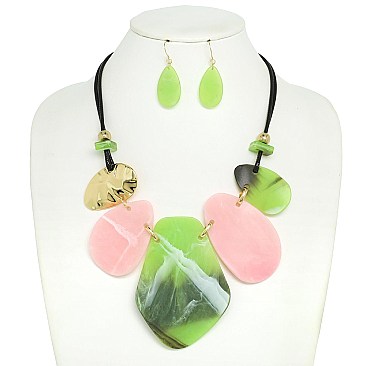 OVAL  ACETATE CORD BIB NECKLACE EARRING SET