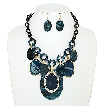 OVAL ACETATE CHAIN LINK BIB NECKLACE EARRING SET