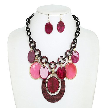 OVAL ACETATE CHAIN LINK BIB NECKLACE EARRING SET