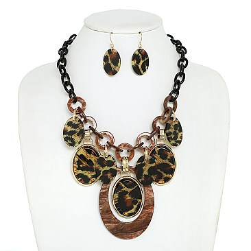 OVAL ACETATE CHAIN LINK BIB NECKLACE EARRING SET