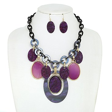 OVAL ACETATE CHAIN LINK BIB NECKLACE EARRING SET