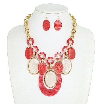 OVAL ACETATE CHAIN LINK BIB NECKLACE EARRING SET