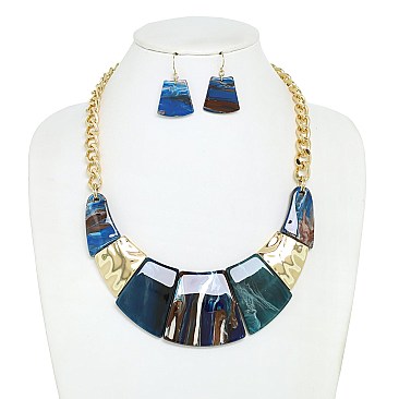 ACETATE and HAMMERED METAL CHAIN LINK CRESCENT BIB NECKLACE SET