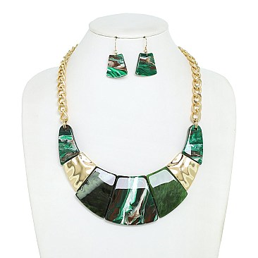 ACETATE and HAMMERED METAL CHAIN LINK CRESCENT BIB NECKLACE SET